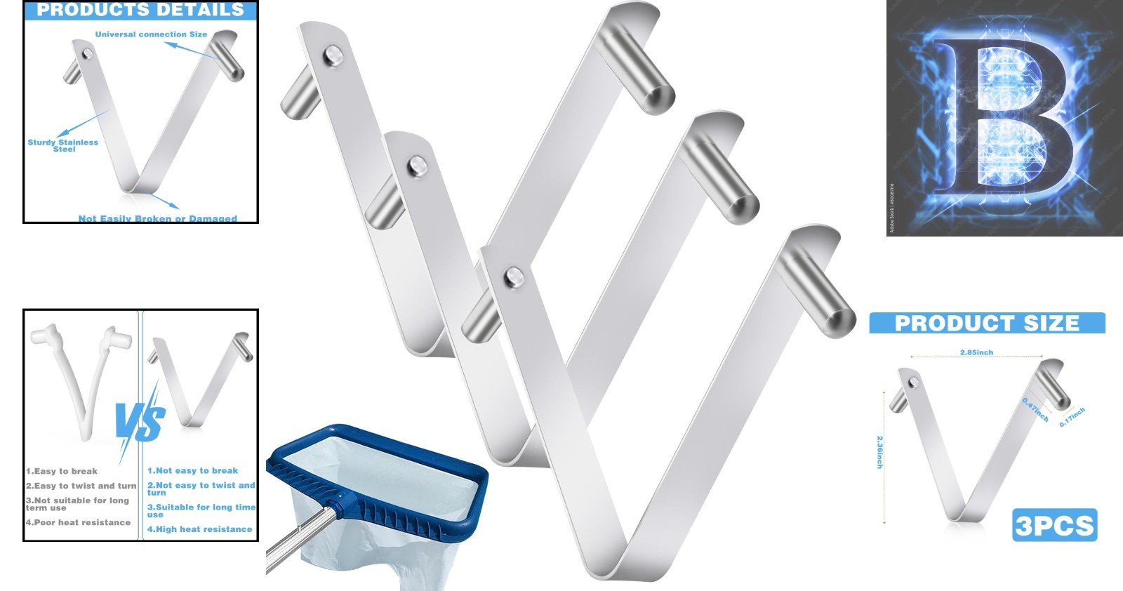 Durable 3-Piece V-Shaped Pool Pole Clips – Rust-Resistant for Long-Lasting Use