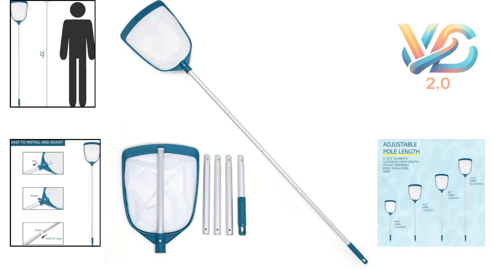 Adjustable Aluminum Pool Skimmer Net with Fine Mesh for Cleaning Pools