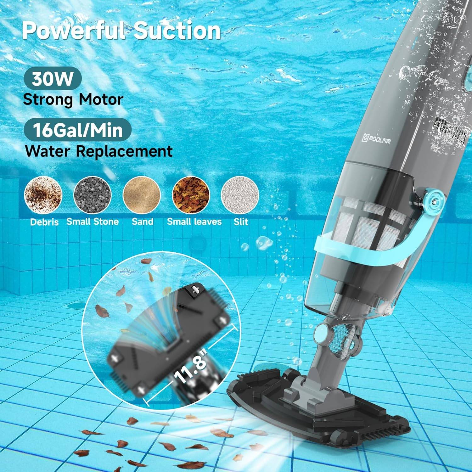 Rechargeable Cordless Pool Vacuum – 60 Min Runtime, 16 Gal/Min Suction
