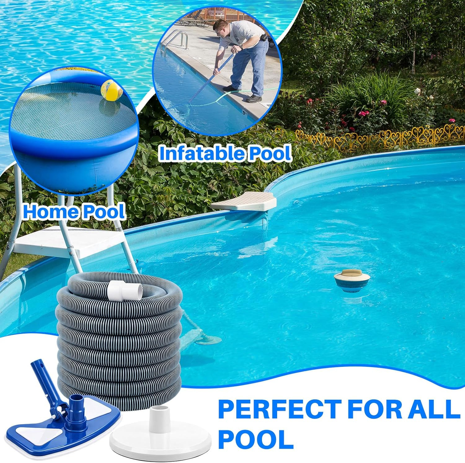 3 Pcs Pool Cleaning Kit 11.8&Prime; Vacuum Head with Flexible Wheels, 1-1/2 X 18Ft Hos