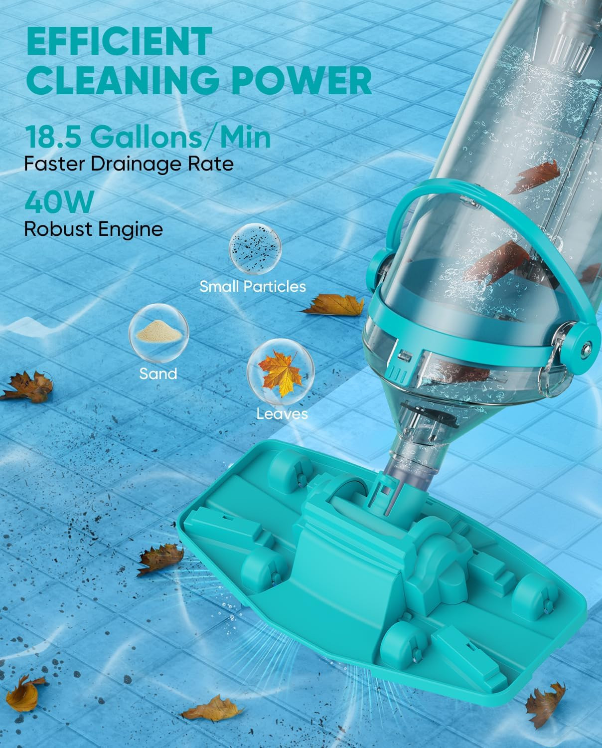 Cordless Pool Vacuum with Telescopic Pole, 8.5 GPM Powerful Suction, .5H Superch