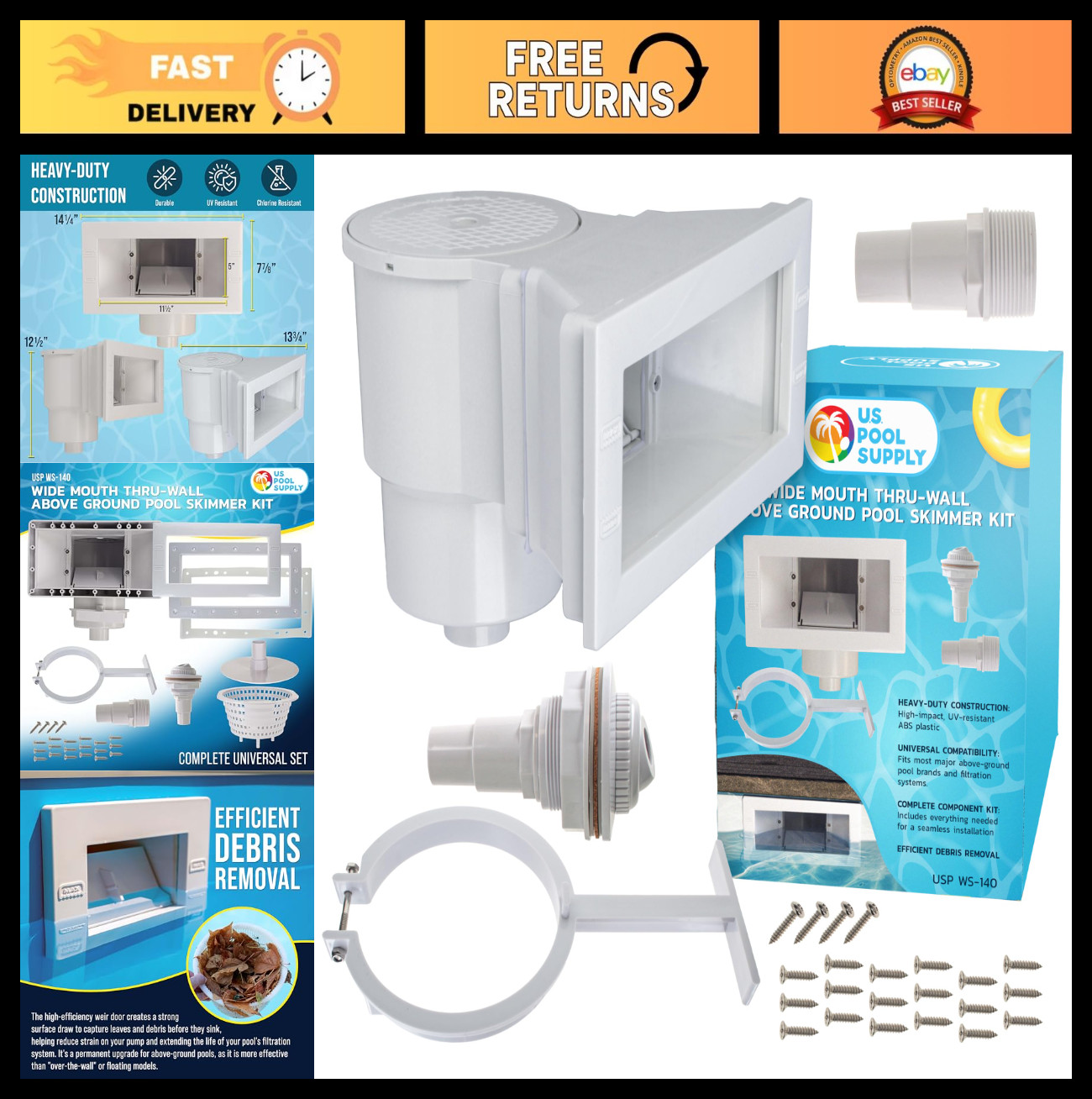 Wide Mouth Thru-Wall Above Ground Pool Skimmer Kit – Universal Set, ABS, Leaf Ba