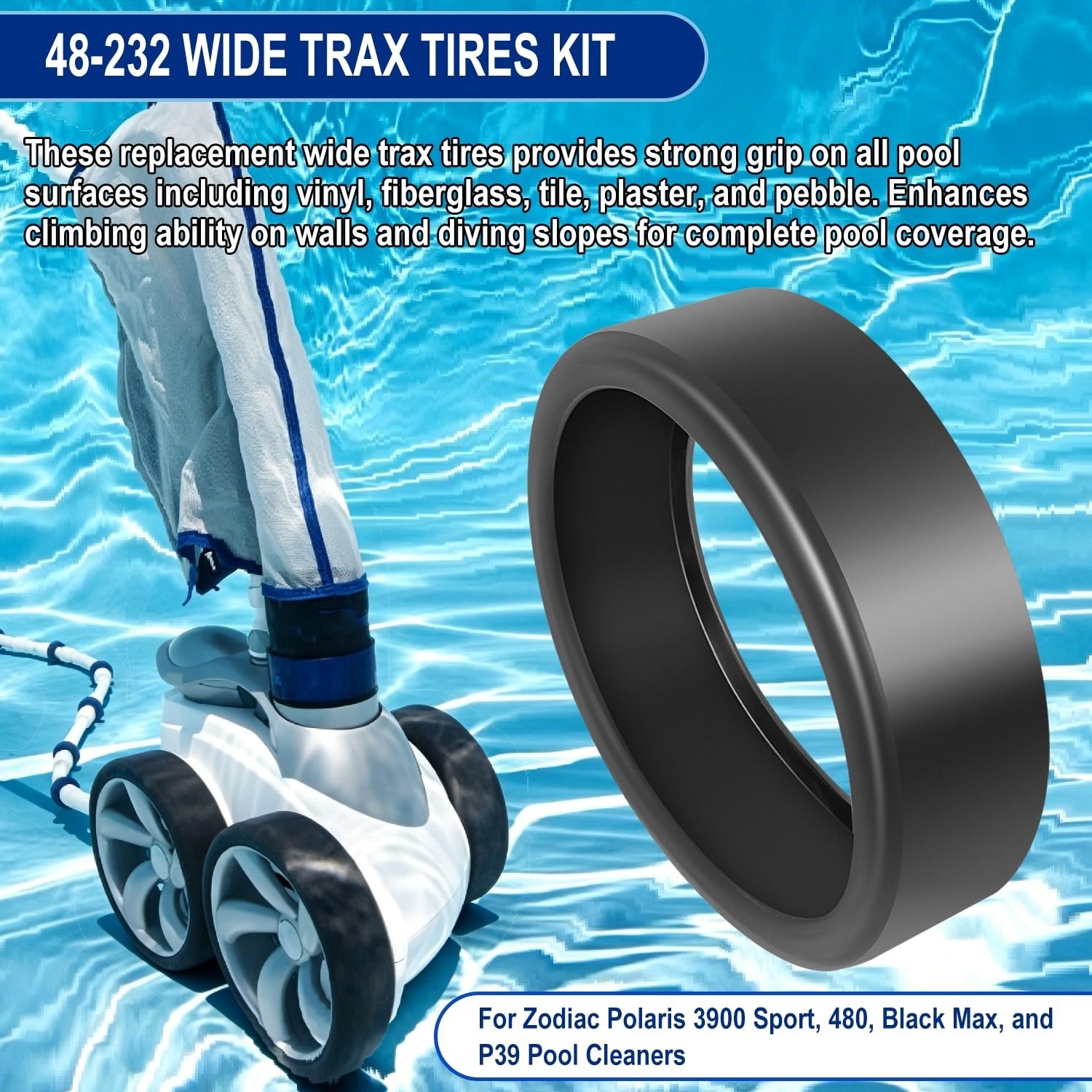 3 PCS 48-232 Replacement Wide Trax Pool Cleaner Tires Parts Kit Fit for Zodiac P