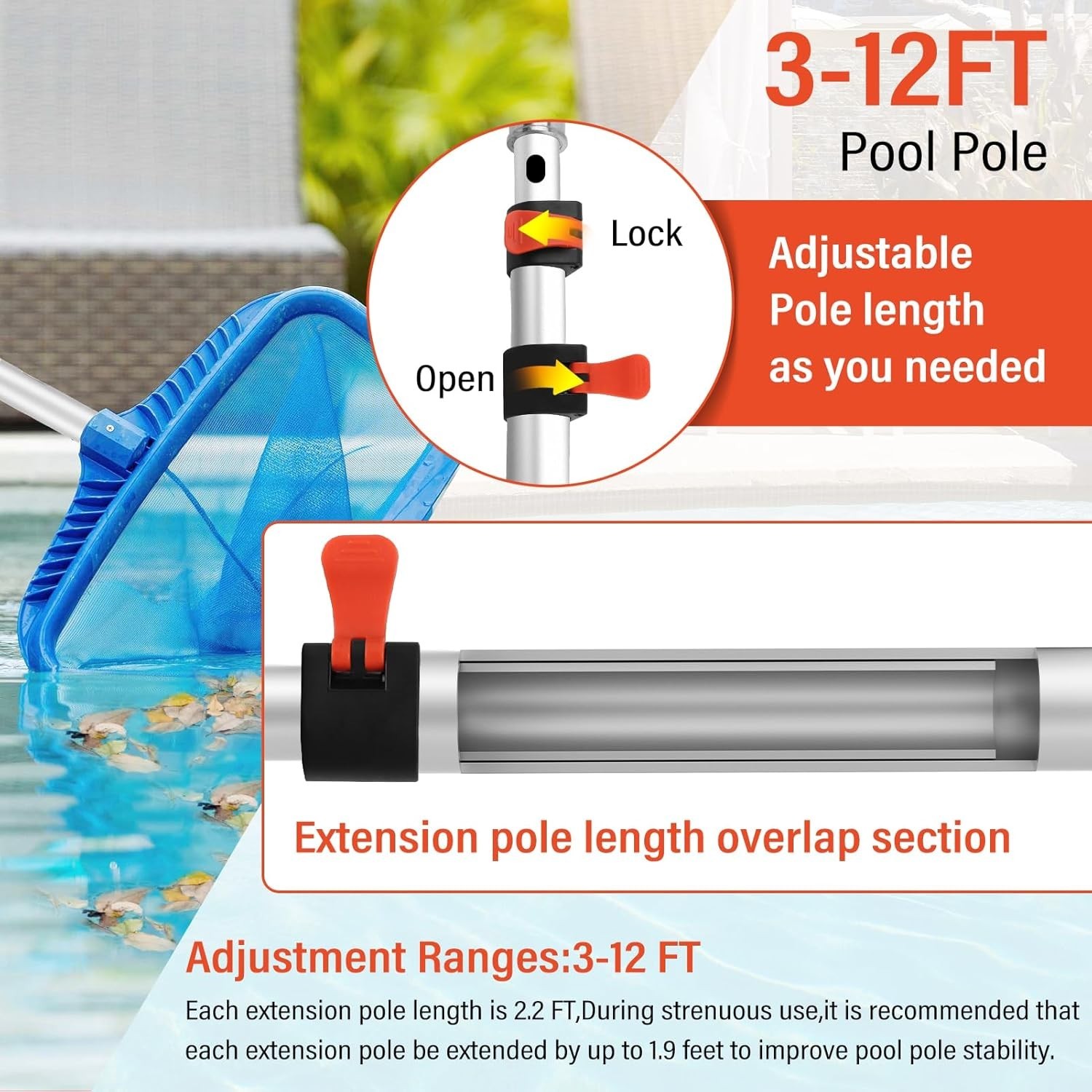 12FT Telescopic Pool Pole Aluminum Heavy Duty for Skimmer Rakes Brushes & Vac…