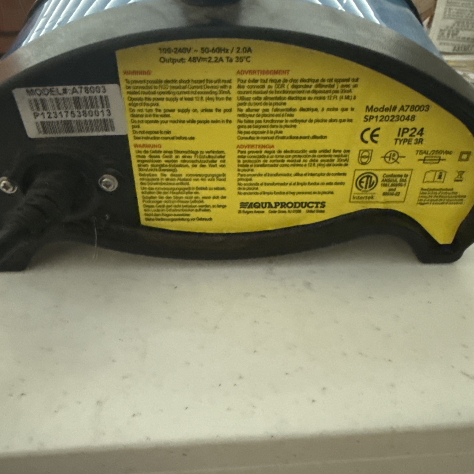 Aqua Products AquaBot Replacement Power Supply With Cord Model A78003