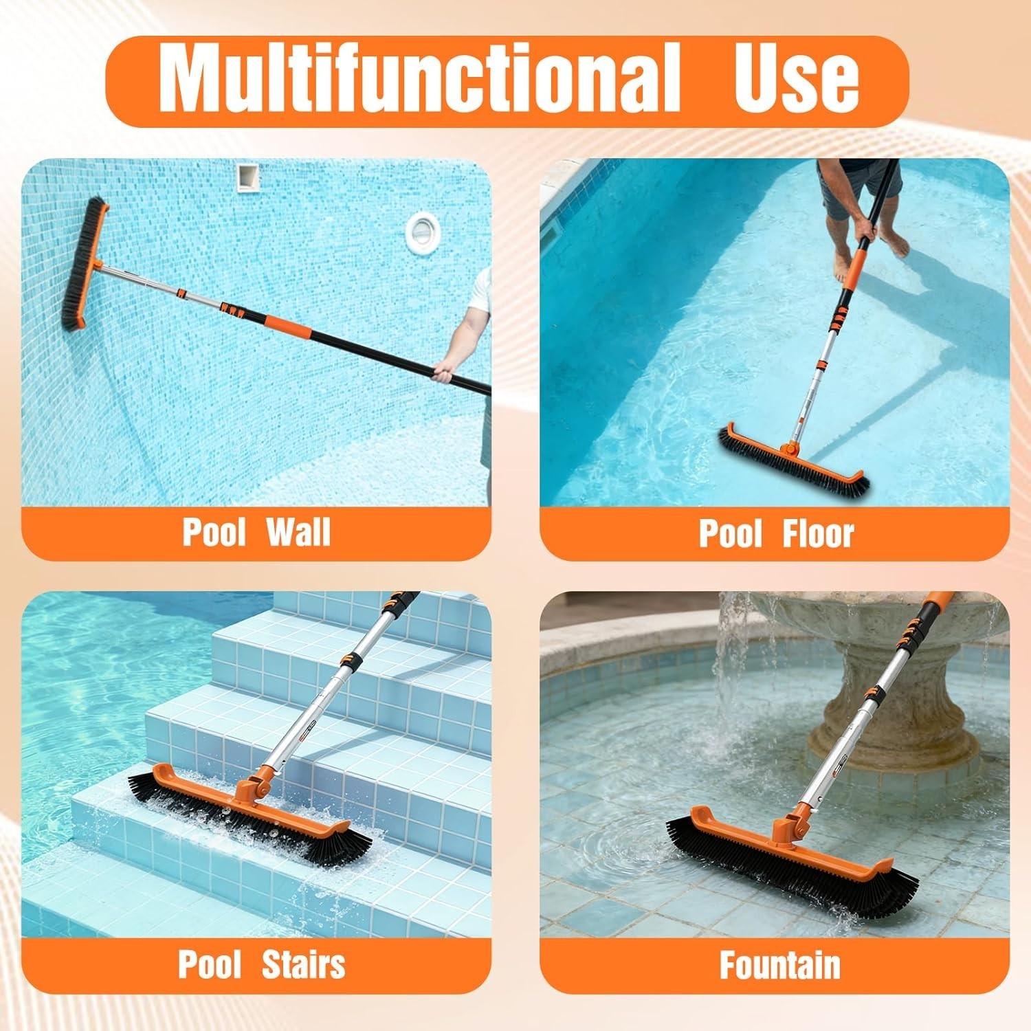 Pool Brush with 16FT Pole; 18&Prime; Scrub Brush; Wall Tile Floor Cleaner