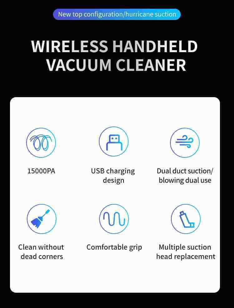 15000Pa Powerful Suction Handheld Car Vacuum Cleaner 90W Portable Mini Cordless