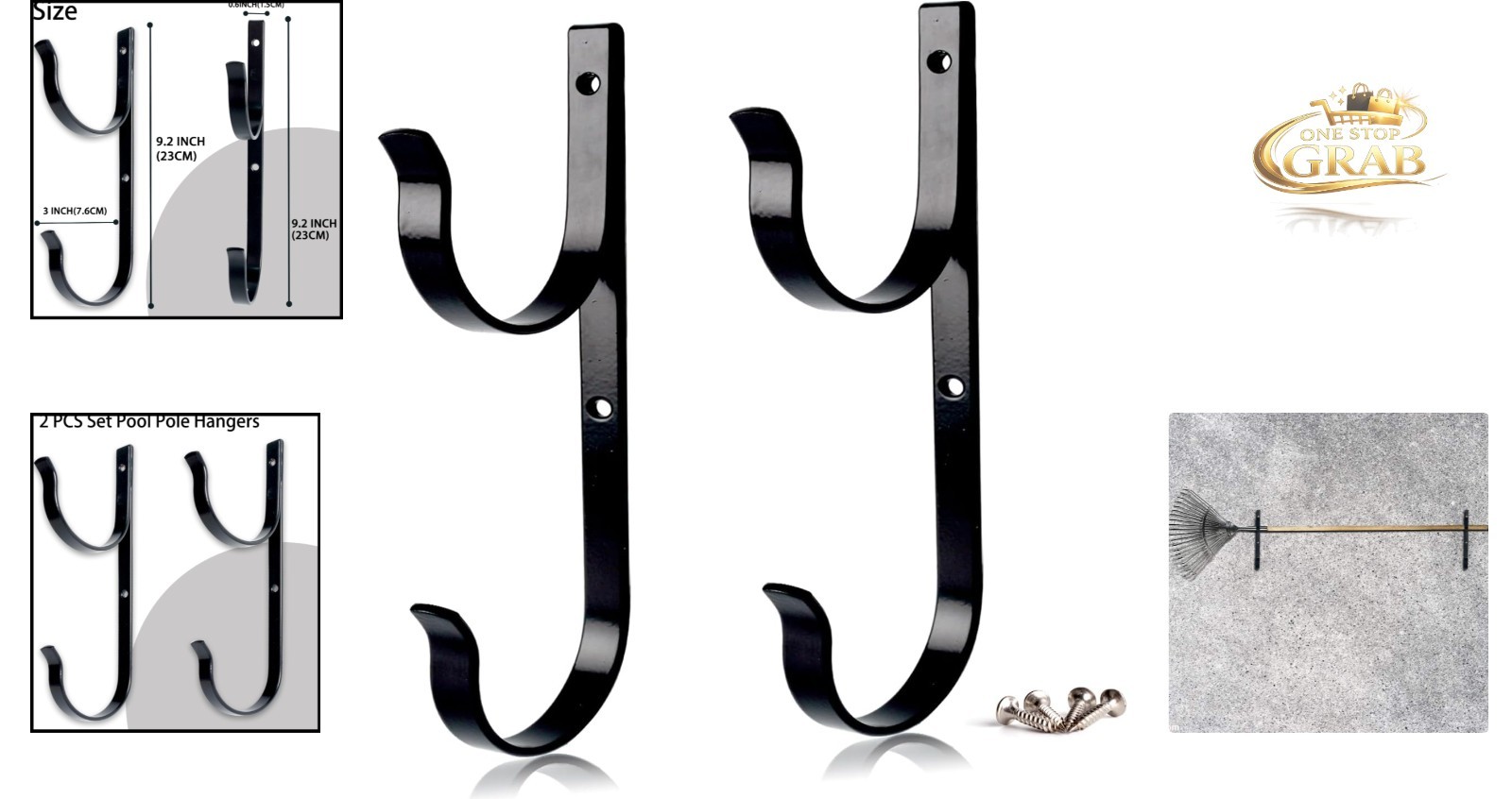 2Pcs Pool Tool Hangers Aluminum Wall Mount Hooks Black Outdoor
