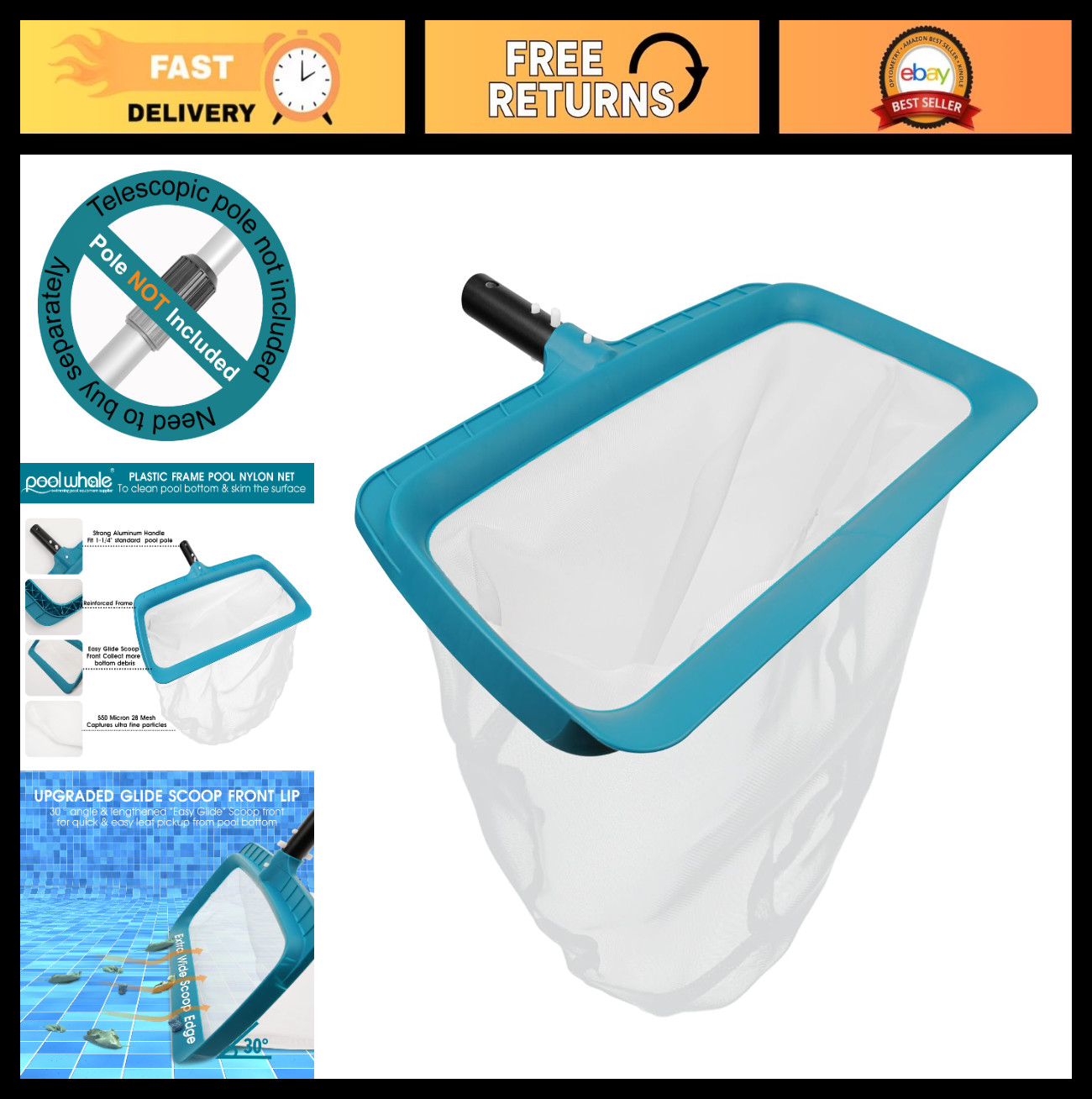 Extra Wide Pool Skimmer Net – Ultra Fine Mesh Leaf Rake for Easy Cleaning