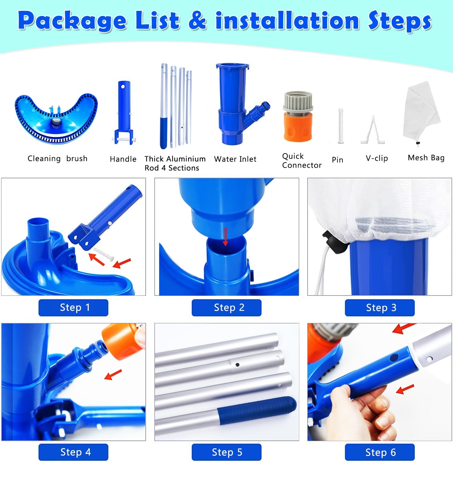 Pool Vacuum Cleaner with Telescopic Pole Aluminium Rod 1.5m 4 Sections, Pool …