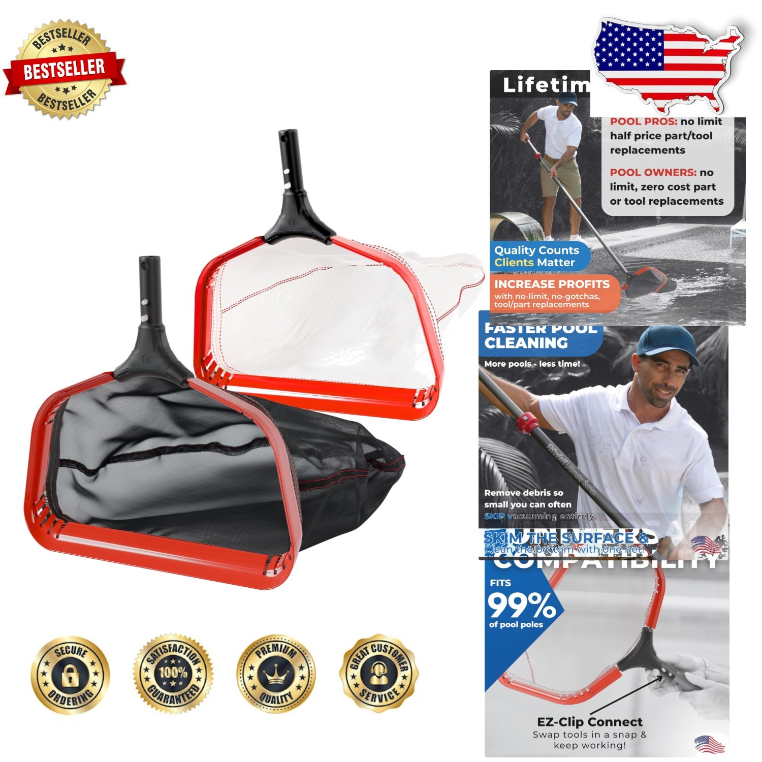 ProTuff Pool Cleaner Rake 2-Item: 19&Prime; Med/17&Prime; Fine, Aluminum,