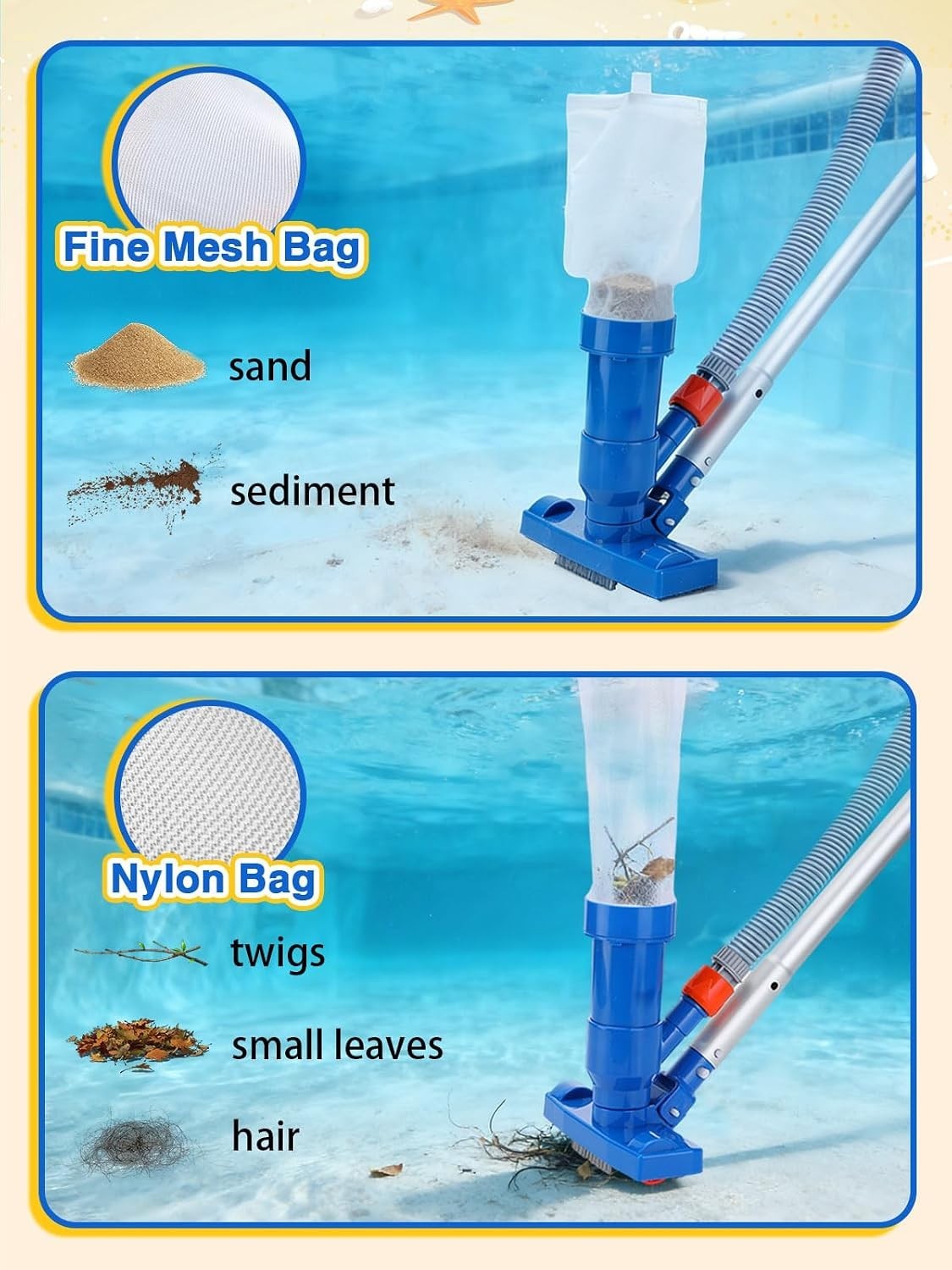 Complete 3-in-1 Pool Cleaning Solution for Above Ground Pools with 6.2ft Pole