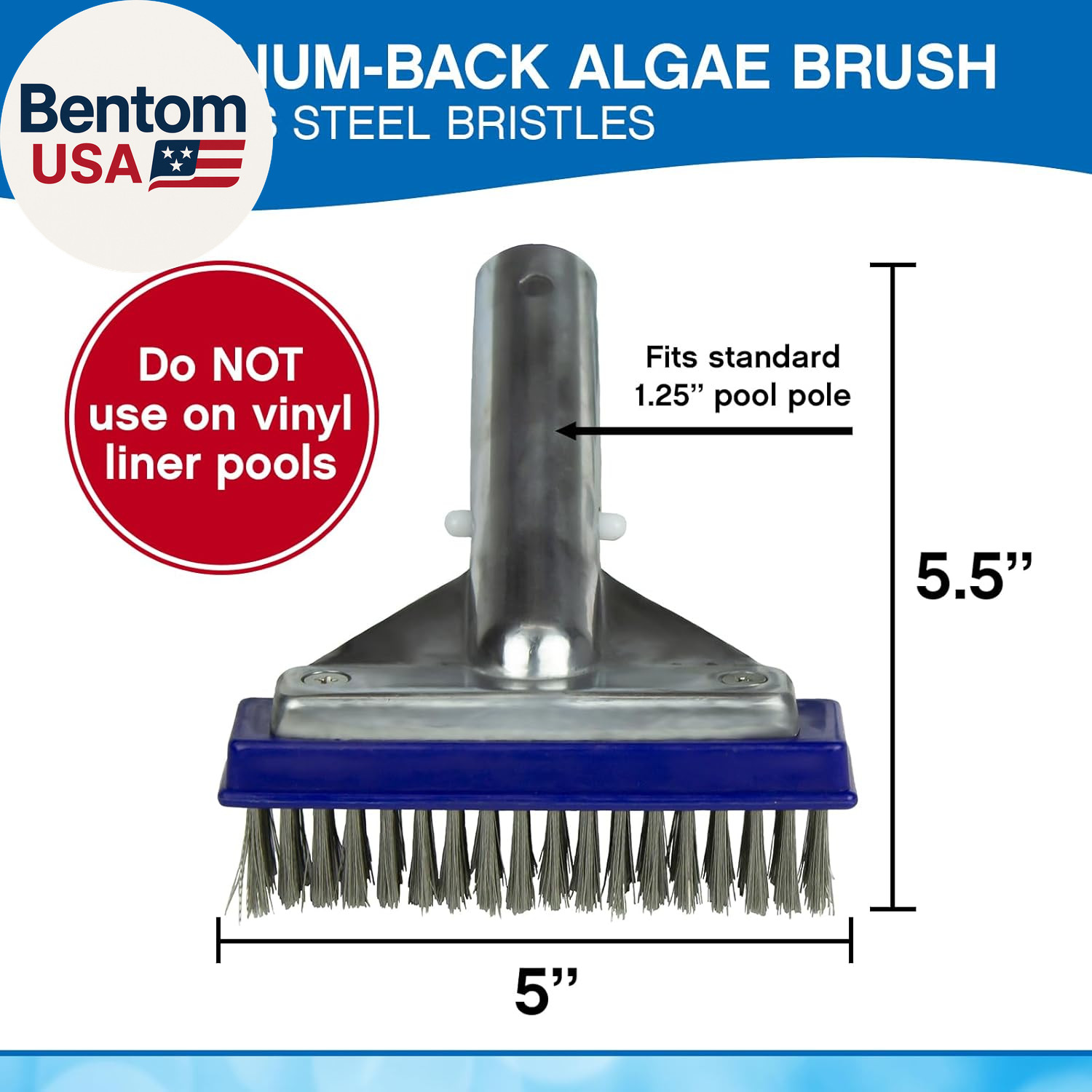 5-Inch Stainless Steel Pool Algae Detail Brush, Heavy-Duty Aluminum Back, for Gu