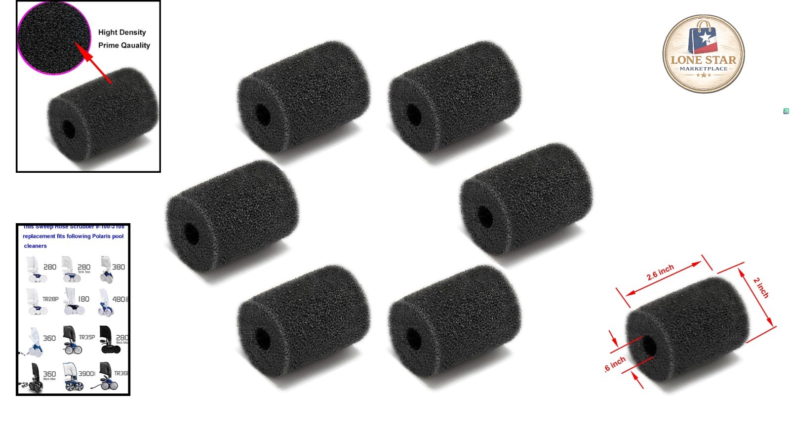 High Density 6-Pack Sweep Hose Scrubbers for Polaris Pool Cleaners 9-100-3105