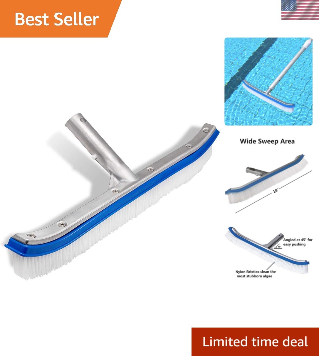 Swimming Pool Wall & Tile Brush,18&Prime; Heavy Duty Vinyl Polished Aluminum Back C…