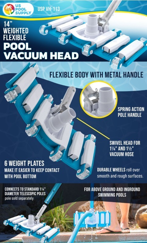 U.S. Pool Supply 14&Prime; Weighted Manual Vacuum Head for Inground Pools, White/blue