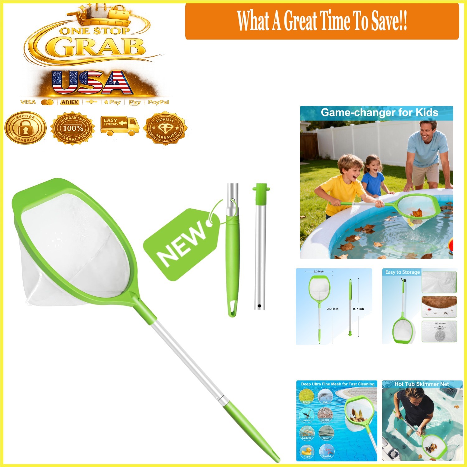 Hot Tub Skimmer Net with 26 inch Aluminum Handle Deep Fine Mesh Small Pool Cl…