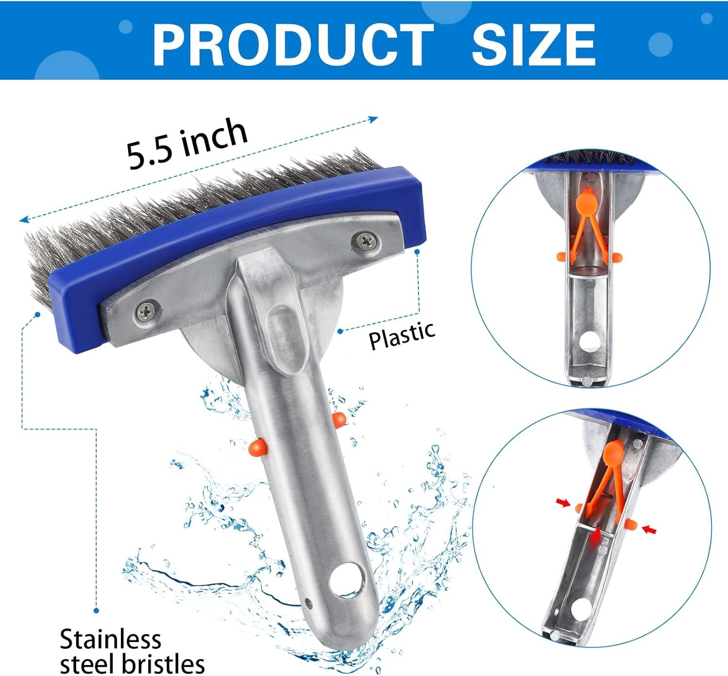 3 Pcs 5.5-Inch Stainless Steel Pool Brush Heavy Duty Algae Cleaner with Alumi…