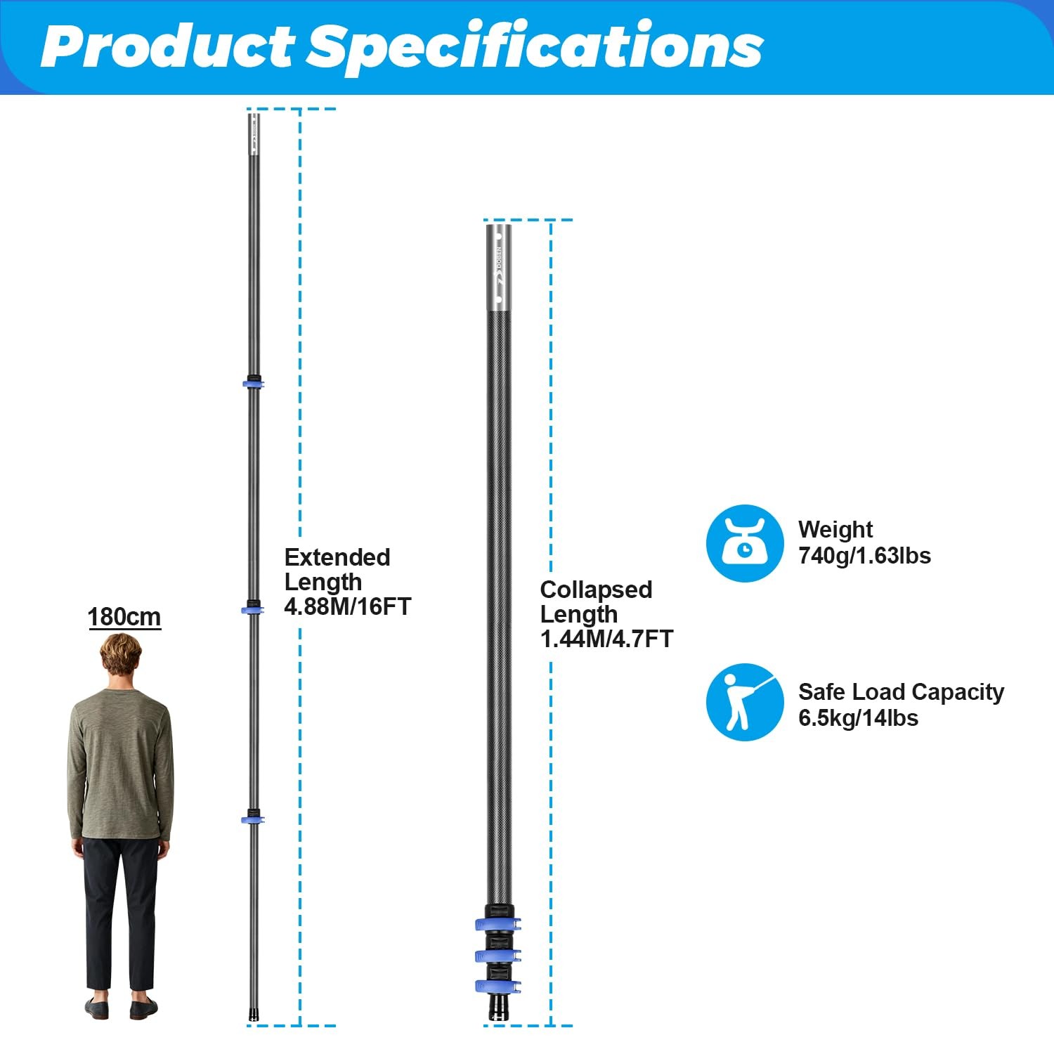 Carbon Fiber 16FT Adjustable Telescopic Pool Pole with Quick-Release Lock – C…