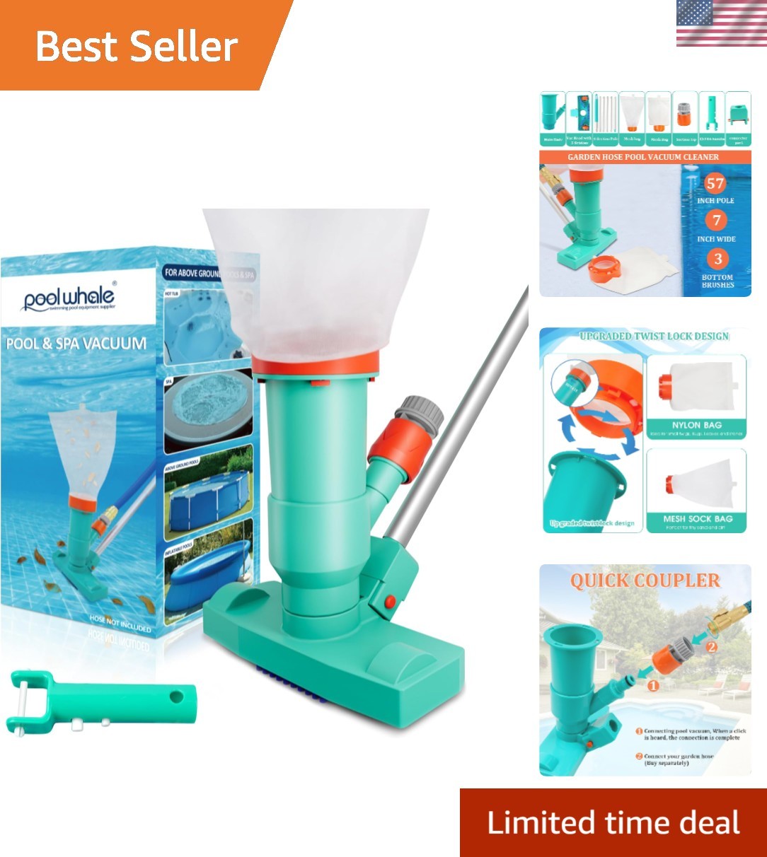 Manual Pool Vacuum Cleaner with 3 Brushes and Telescopic Pole for Fast Cleaning