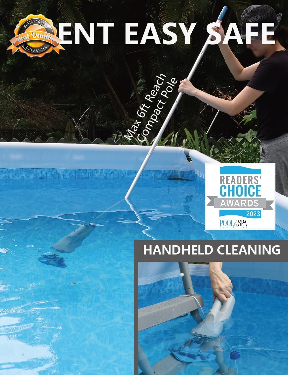 Cordless Pool Vacuum Handheld Rechargeable 60Min 6Ft Pole 2 Head