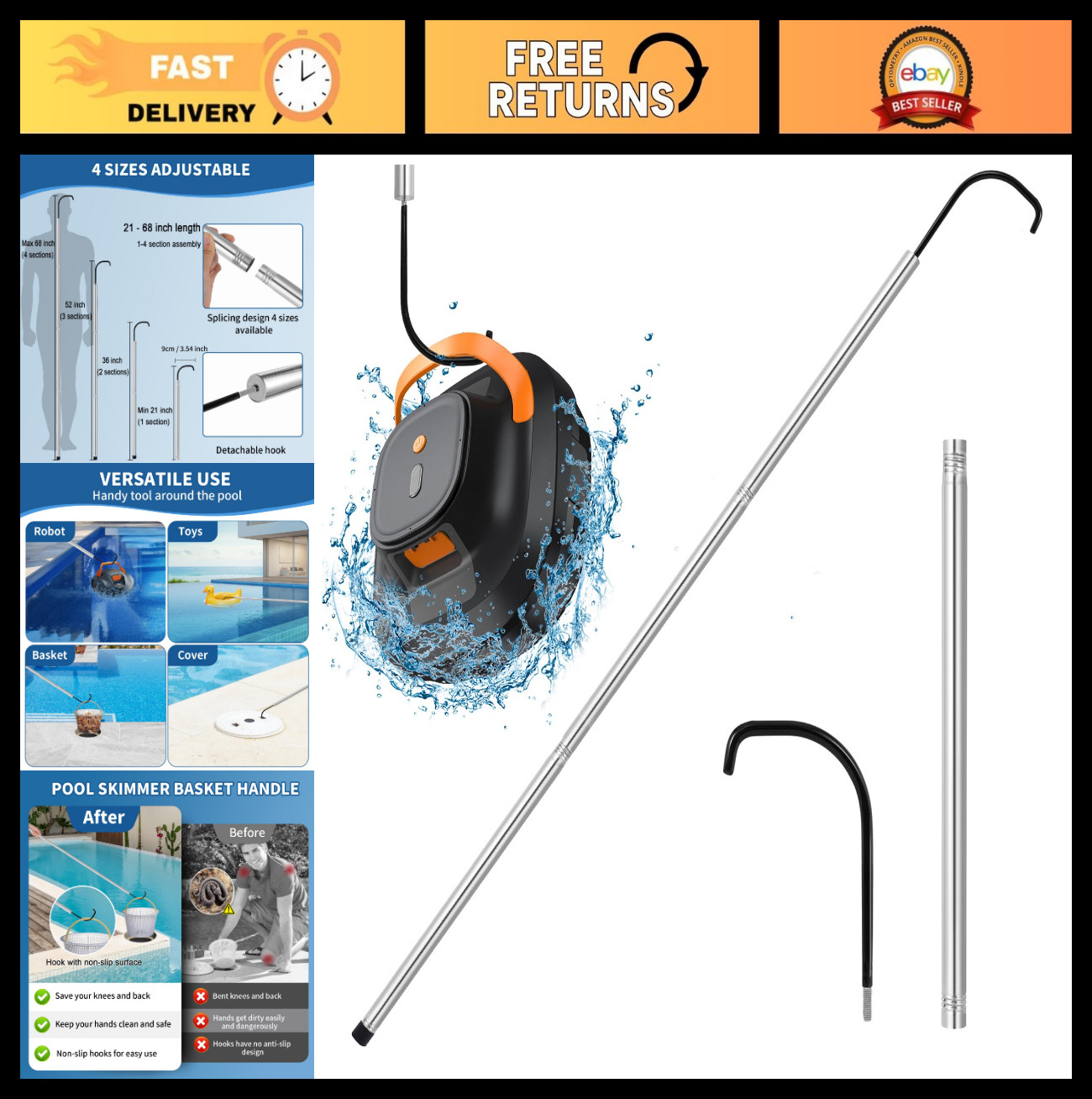 Adjustable 68&Prime; Pool Retrieval Hook & Aluminum Pole for Robotic Cleaners, Skimmer