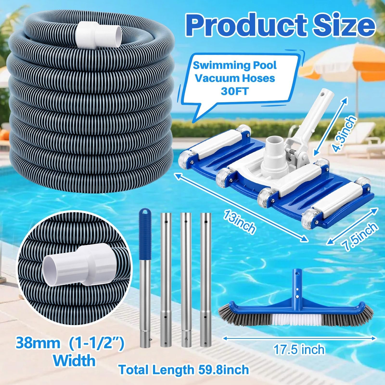 4 Pcs Pool Cleaning Kit – Vacuum Head, 30ft Hose, Bristle Brush & Pole for Ingro
