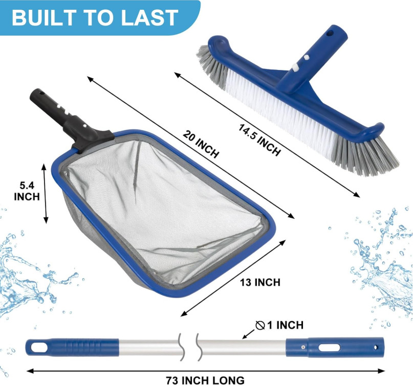 Kit Limpieza Piscina Red Skimmer Cepillo 14.5&Prime; con Poste Aluminio Pool Tool