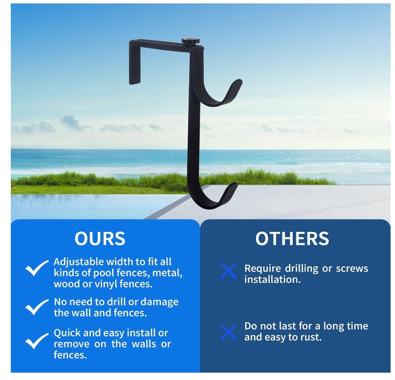 2Pcs Black Pool Pole Hangers, Adjustable Heavy Duty Swimming Pool Fence Hooks