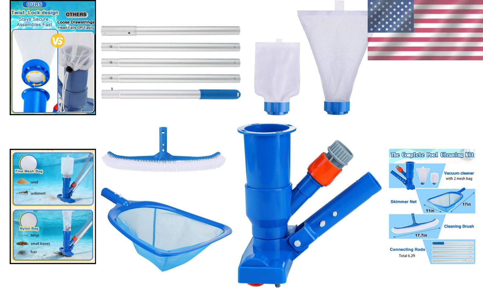 Complete 3-in-1 Pool Cleaning Solution for Above Ground Pools with 6.2ft Pole