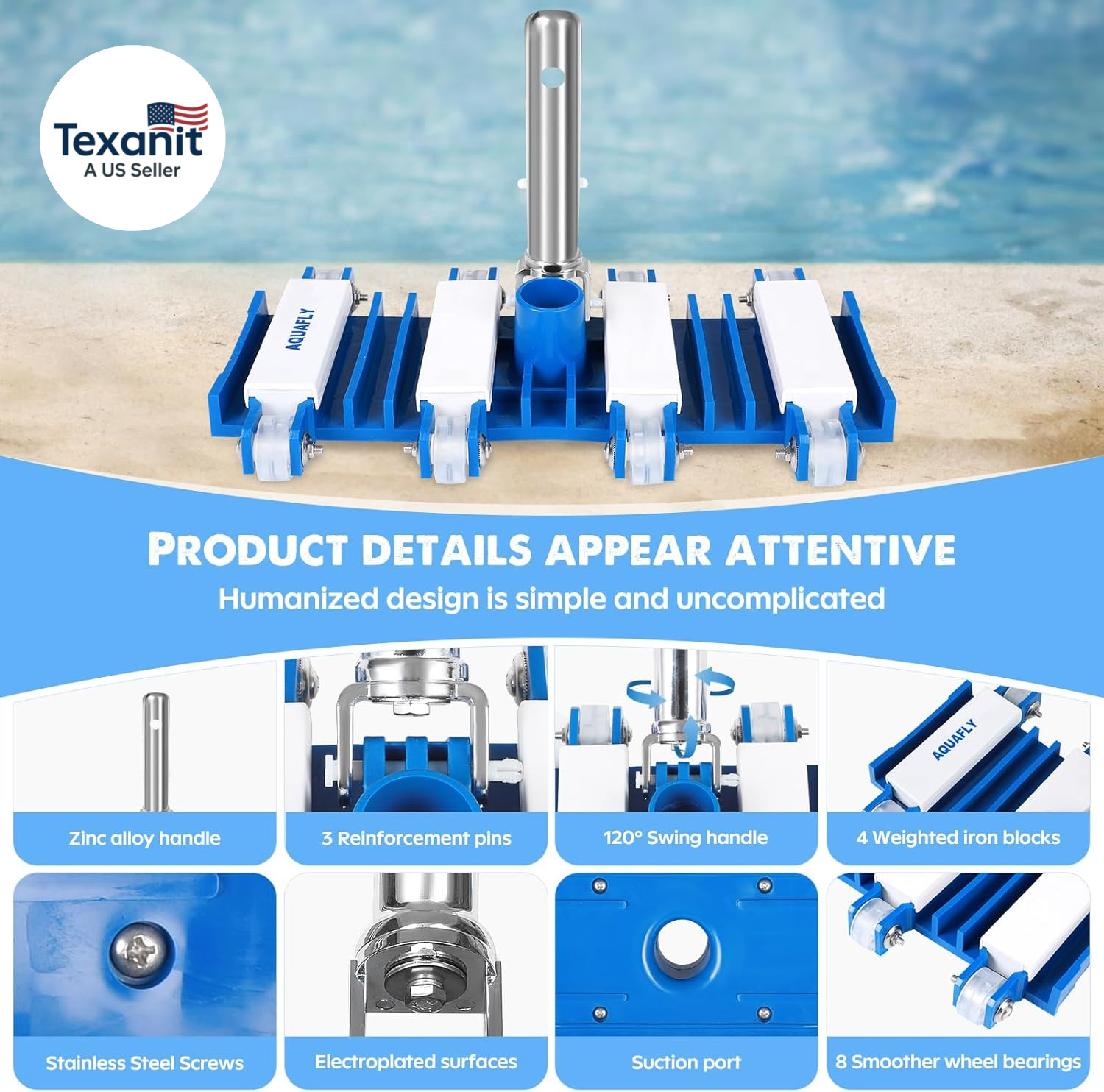 Pool Vacuum Head, Manual Cleaning Vacuum with Wheels 14 » Heavy Duty Handle Pool