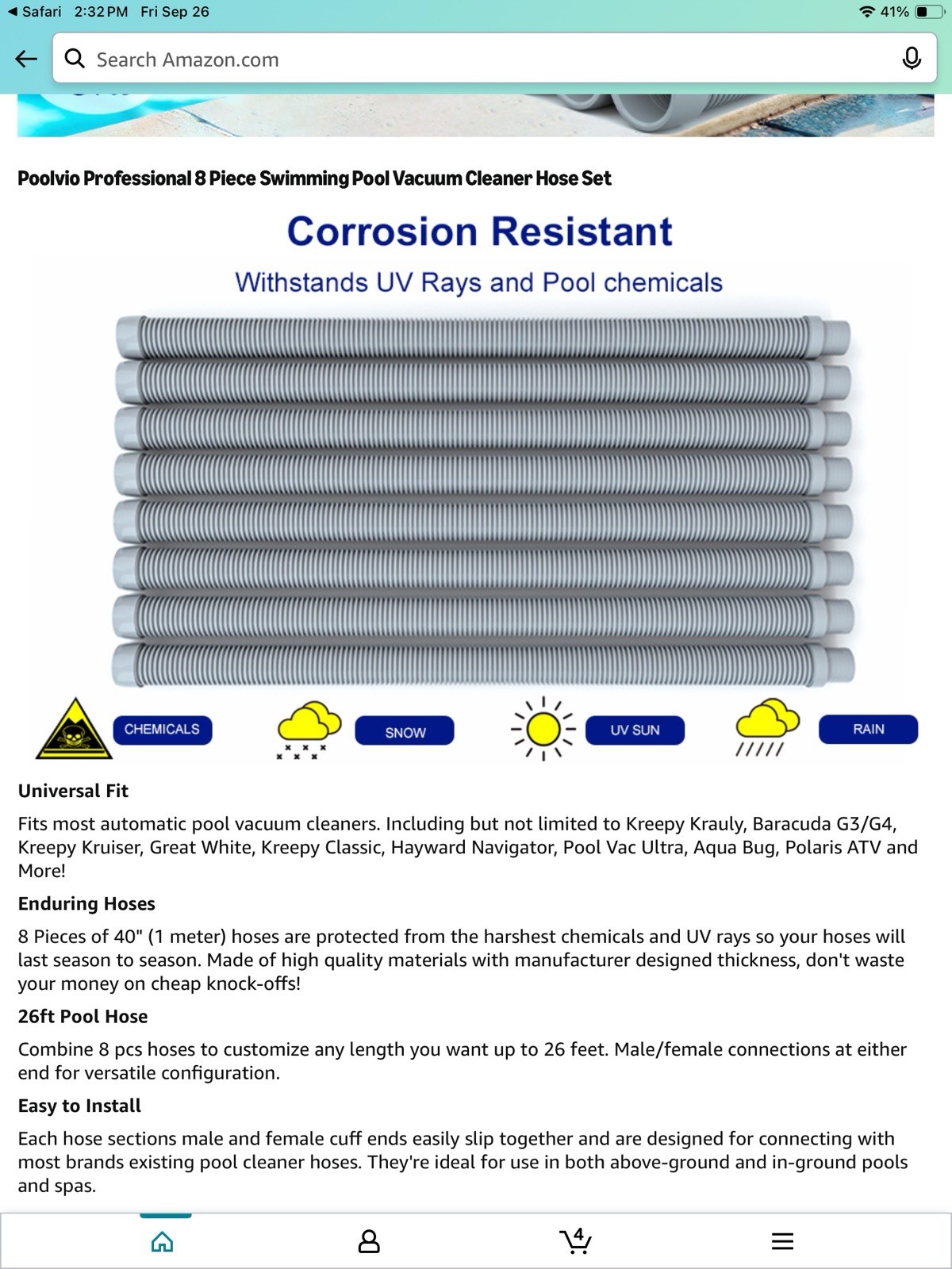 8 Sections of 40 Inch Pool Vacuum Hose – Total 26 Feet for Efficient Cleaning
