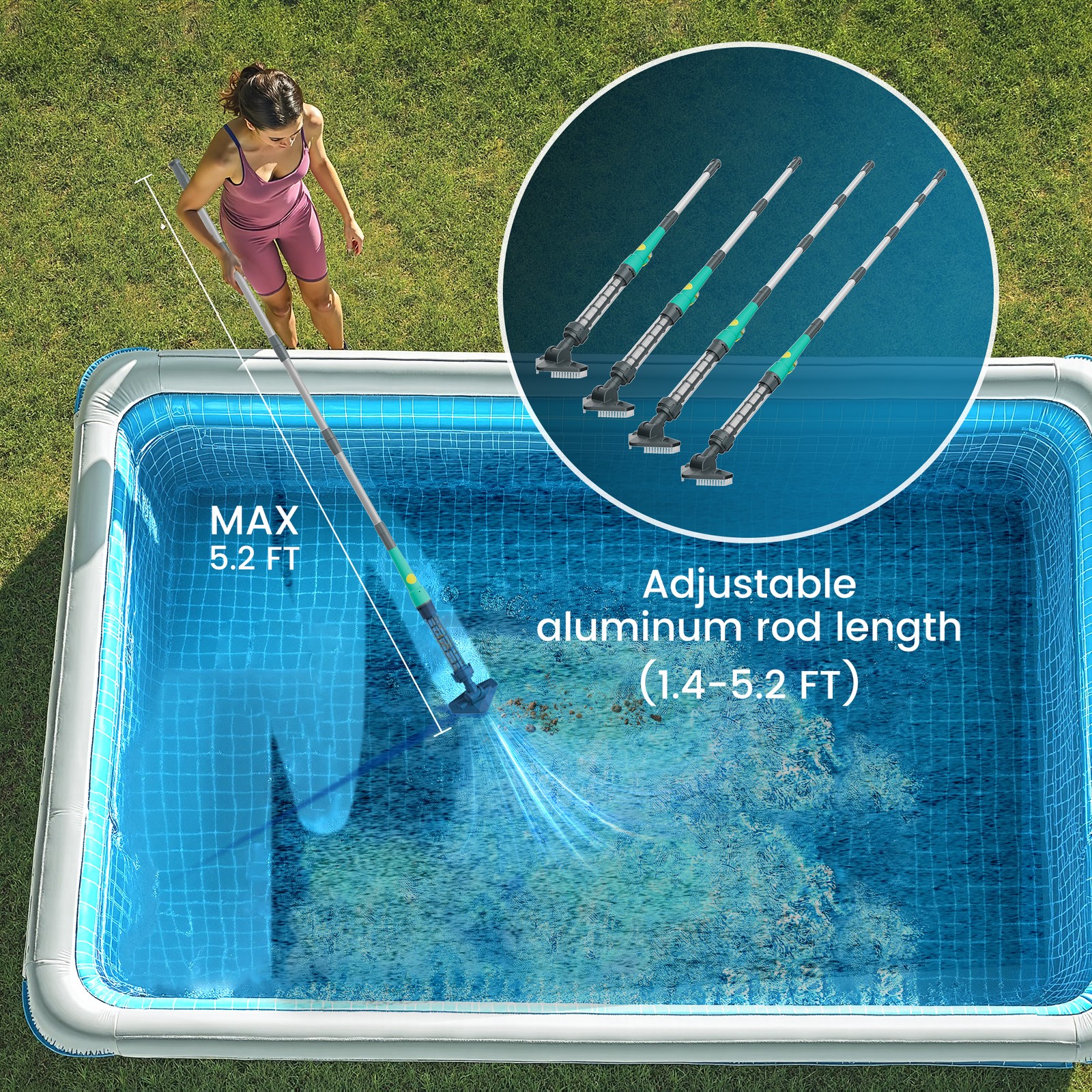 Handheld Pool Vacuum Cordless Rechargeable Pool Cleaner Extension Poles Green