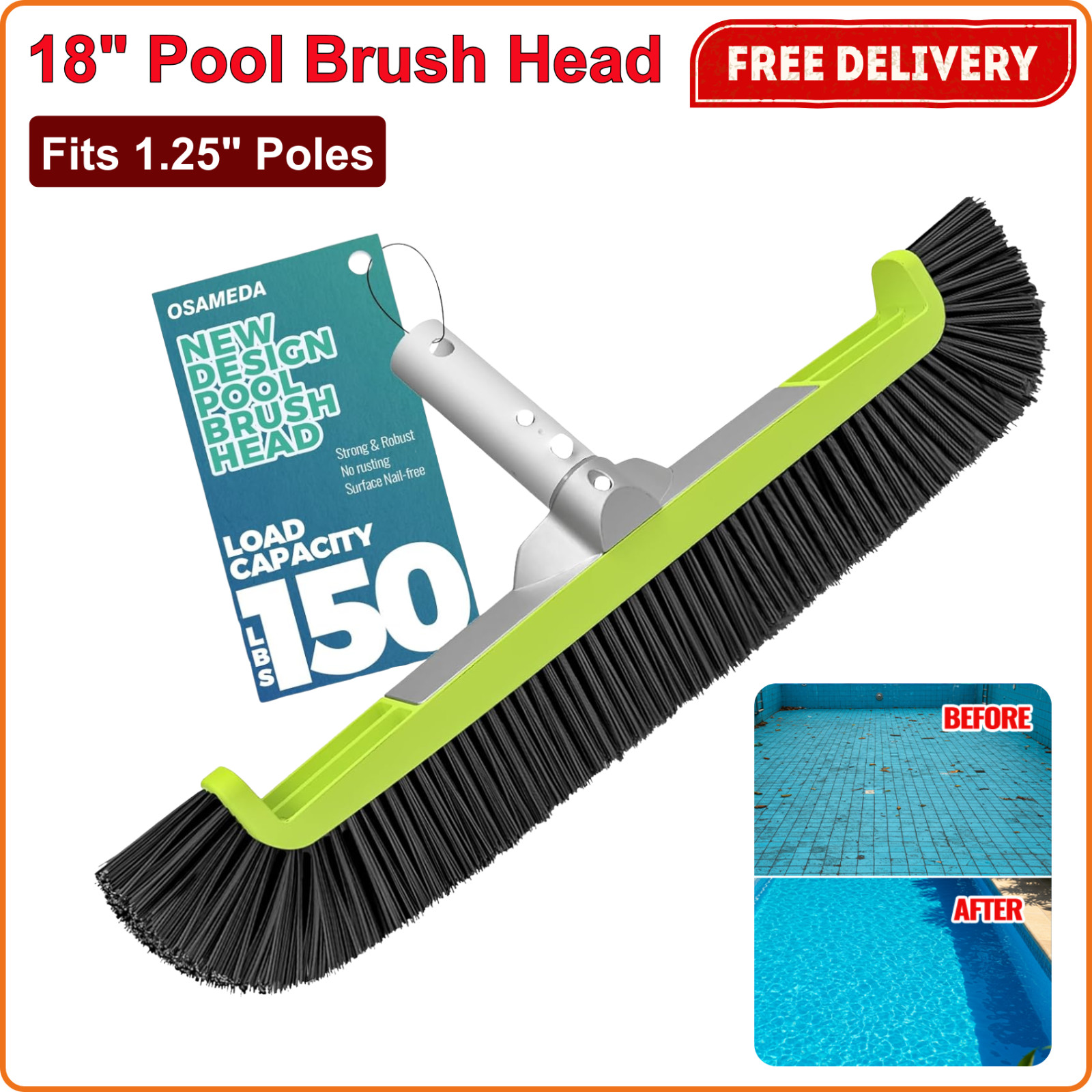 18&Prime; Pool Brush Head for Cleaning Swimming Pool Walls Curved Ends High-Efficiency