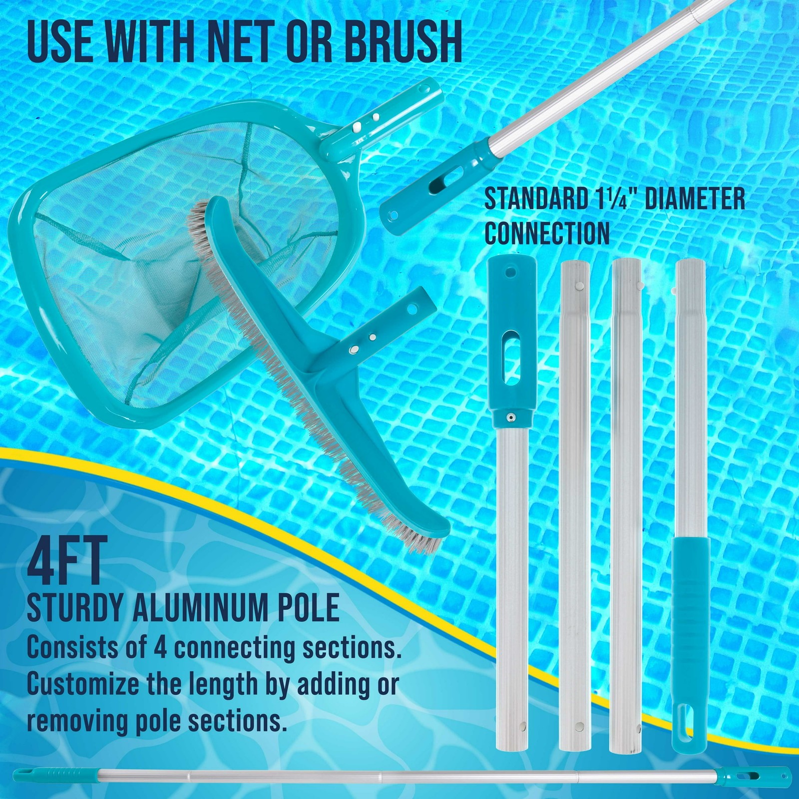 Pool Maintenance Kit Leaf Skimmer Net Brush Telescopic Pole 3 Pc Cleaning Set
