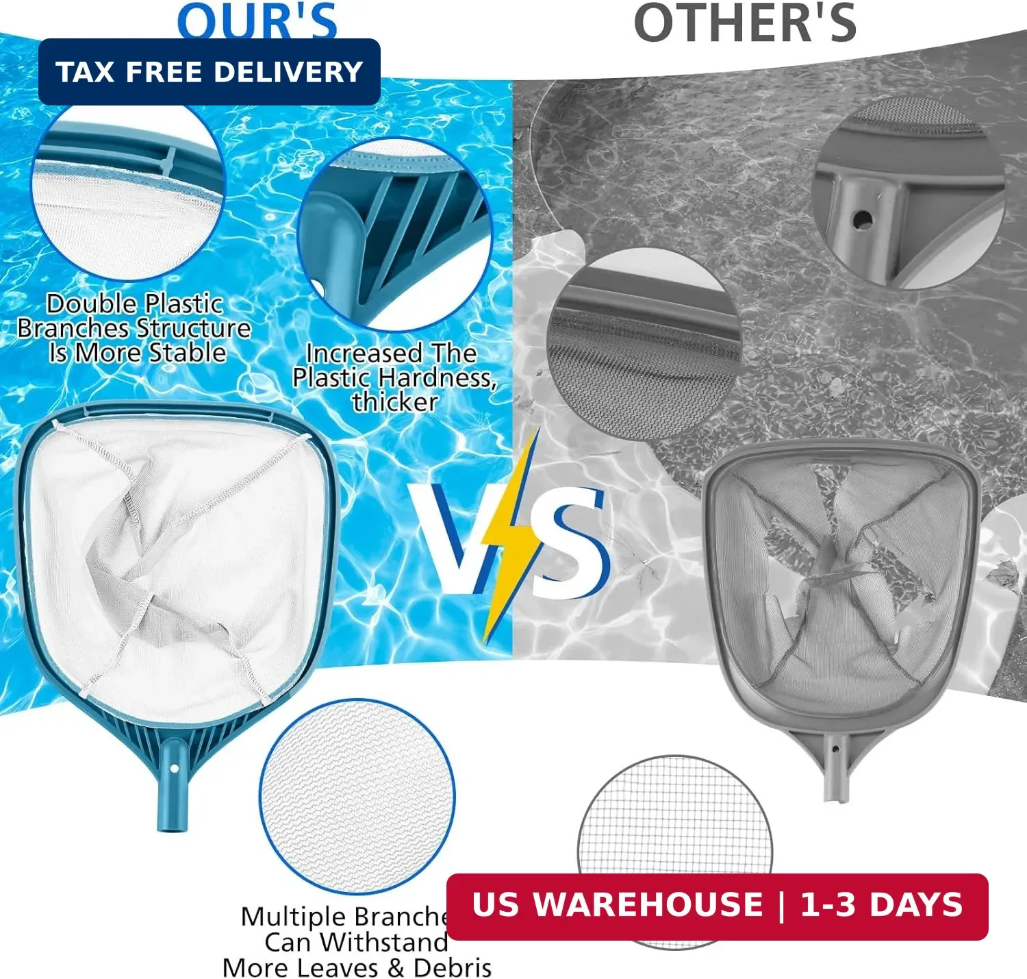 Professional Pool Skimmer Net 57 inch with 4 Aluminum Poles – Fine Mesh for Fast