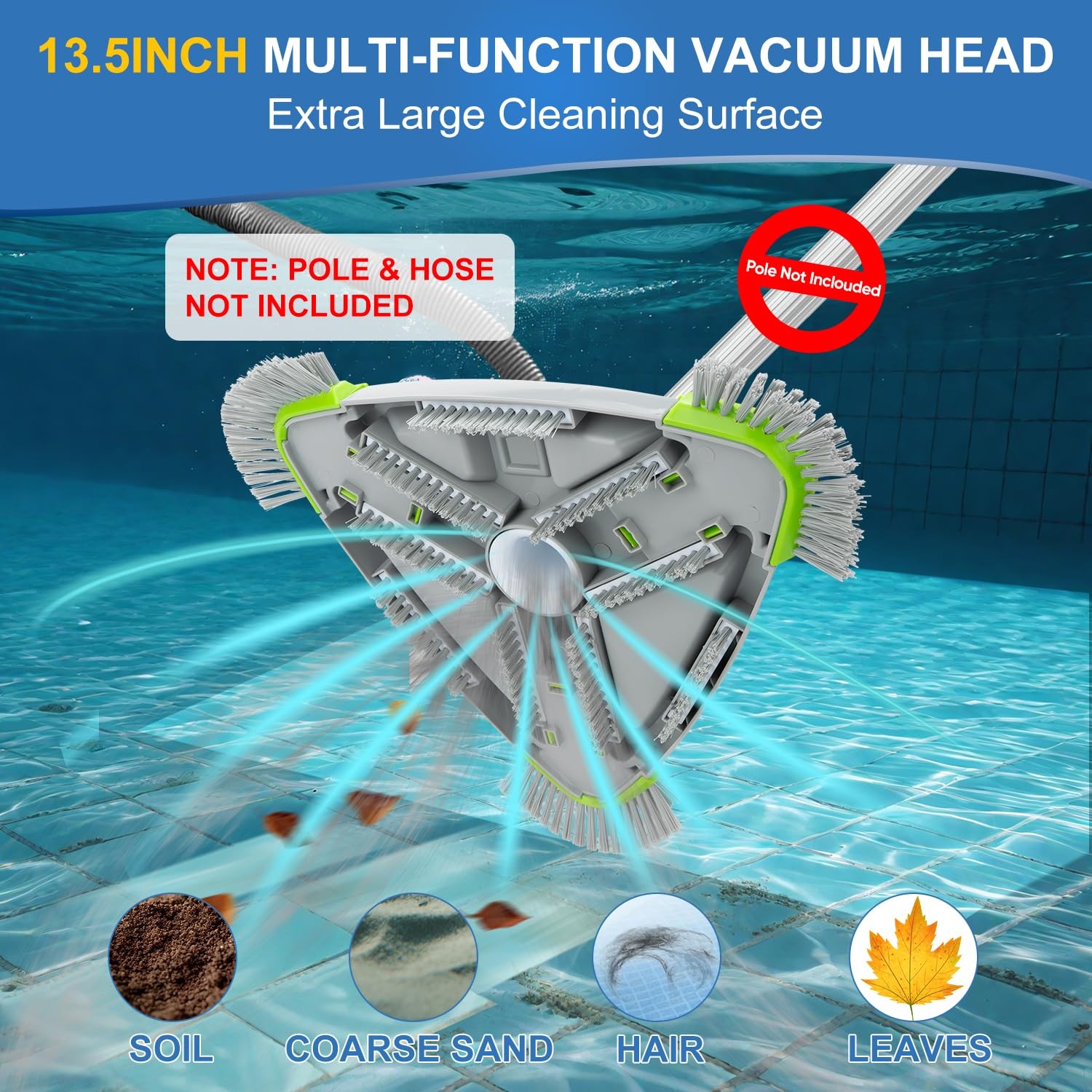 Weighted Triangular Pool Vacuum Head with Side Brushes, 13.5&Prime; Manual Pool Cle…