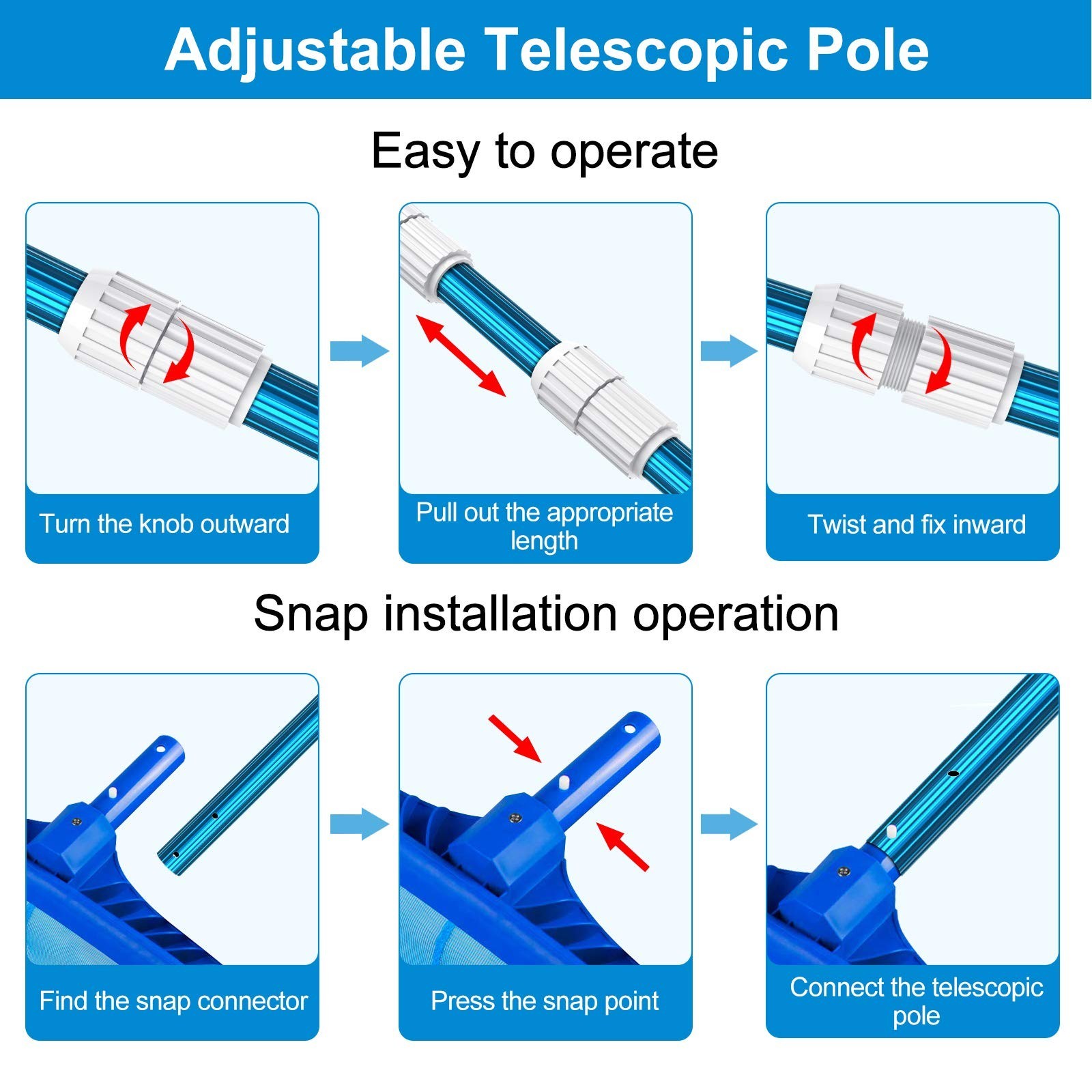 15ft Adjustable Aluminum Telescoping Pool Pole – 1.3mm Thick, Connects Skimmer N