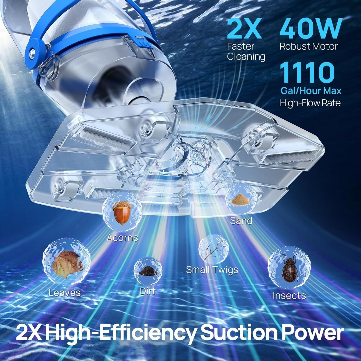 Cordless Pool Vacuum Handheld Rechargeable Cleaner 1100 GPH Light Blue
