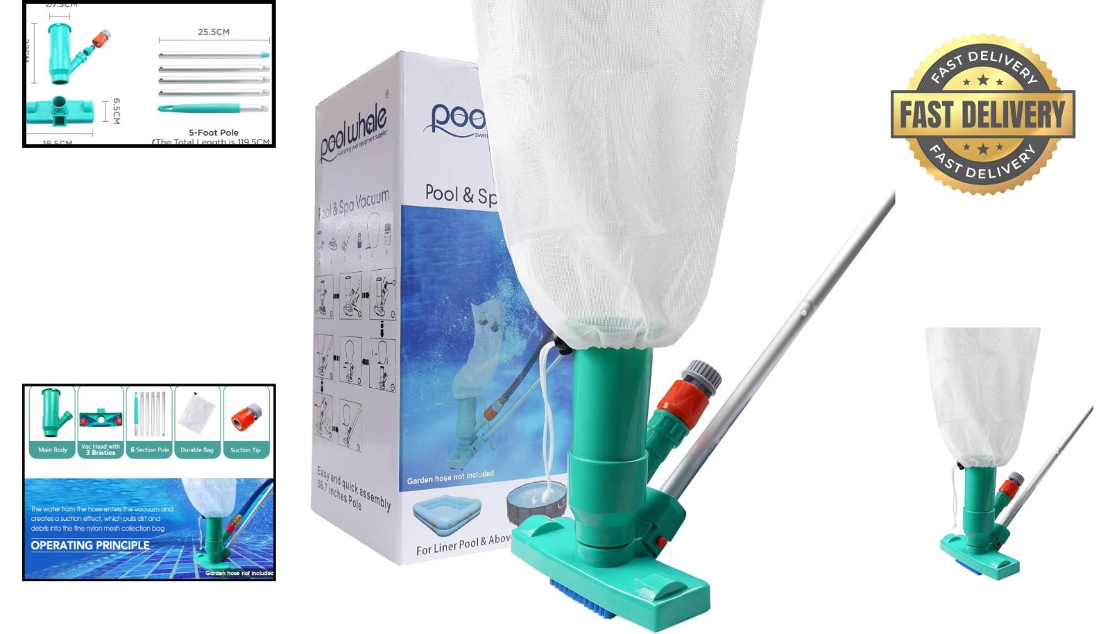 Effortless Portable Pool Vacuum Cleaner with 6 Section Pole – No Electric Needed