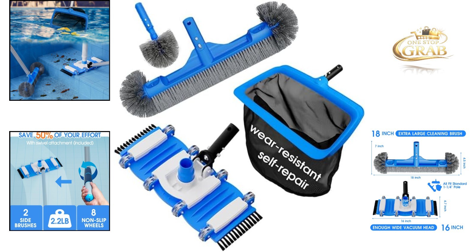 3-in-1 Pool Cleaning Kit with Brush, Vacuum, Net for Above Ground & In-ground…