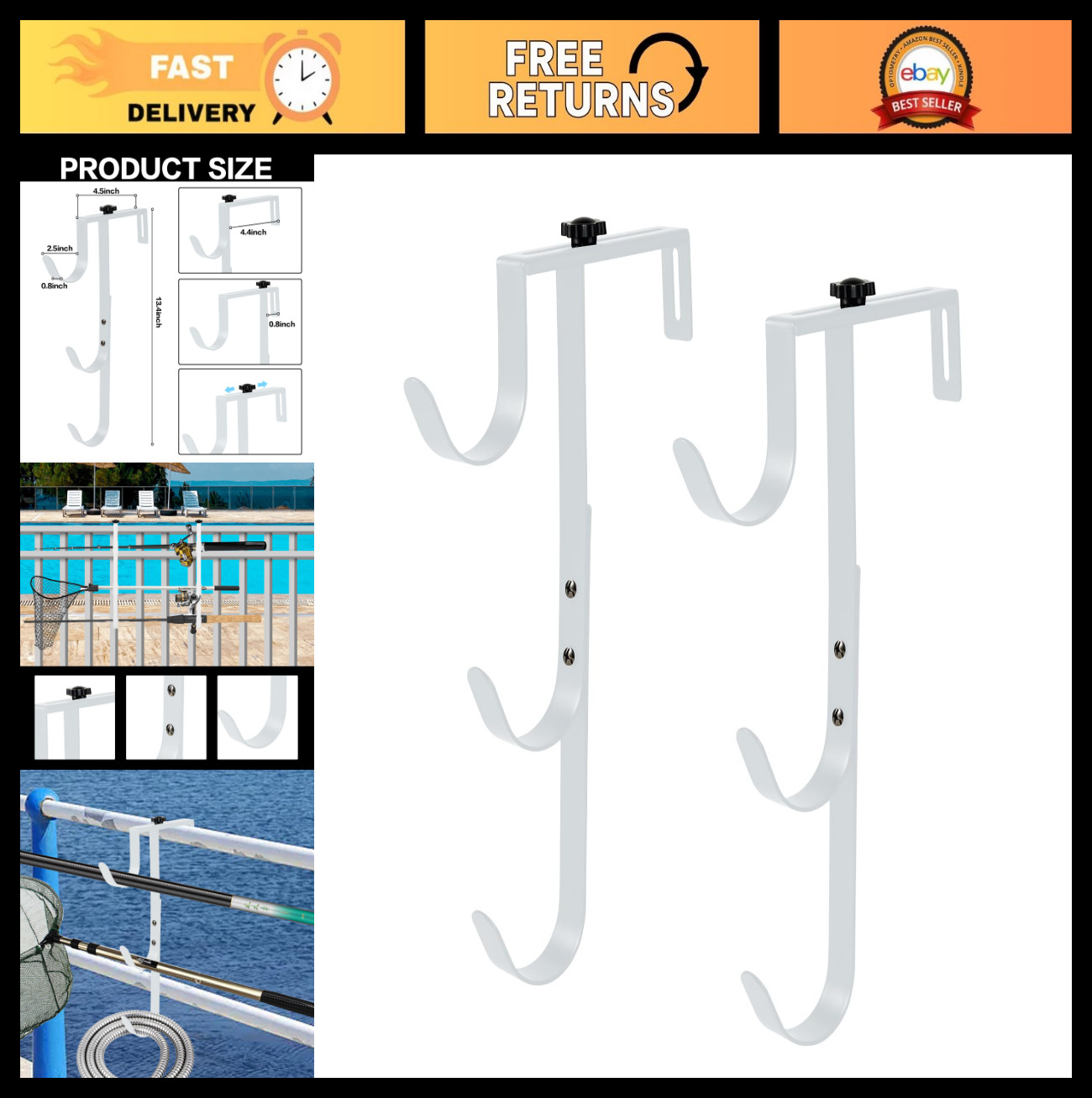 Adjustable Heavy Duty Pool Pole Hangers – 2Pcs Fence Hooks for Skimmers, Rakes,