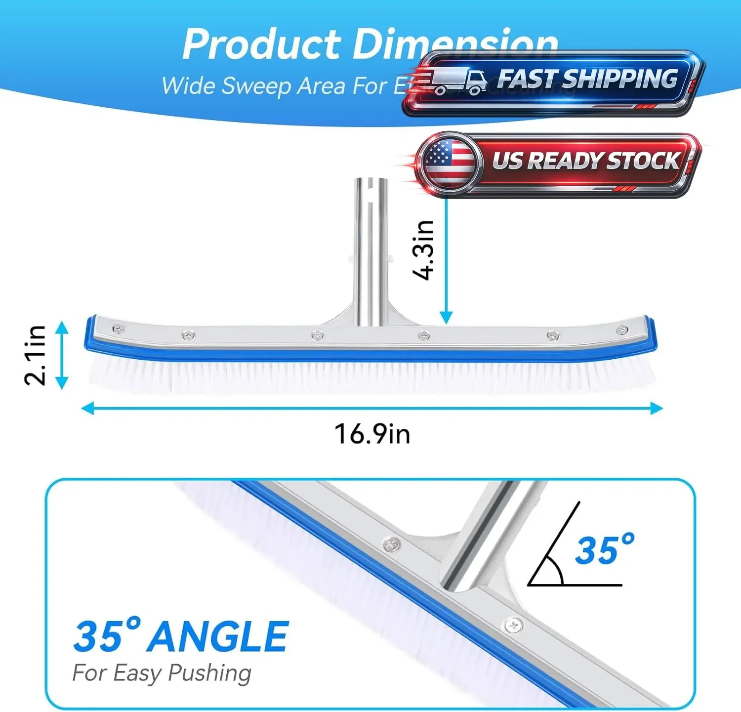 17&Prime; Pool Brush Head for Cleaning Swimming Pool Walls, Curved Ends HighEfficie…