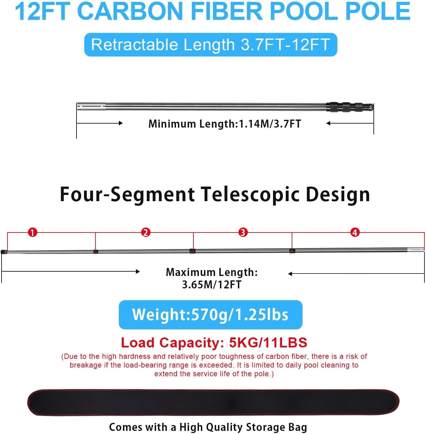 DOBEN 12FT Carbon Fiber Pool Pole Telescoping Ultralight Pool Cleaning Pole