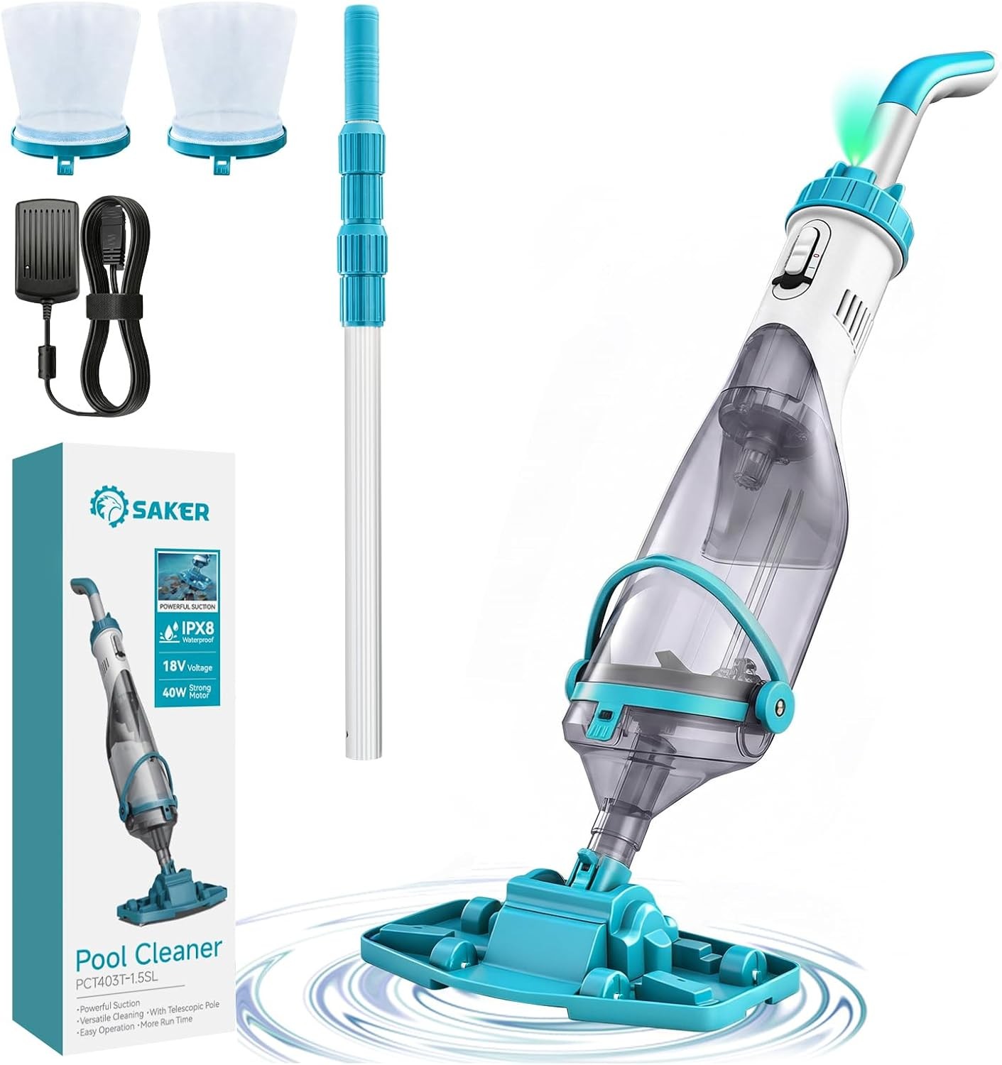 Saker Handheld Pool Vacuum Cordless 60 Min Runtime Telescopic