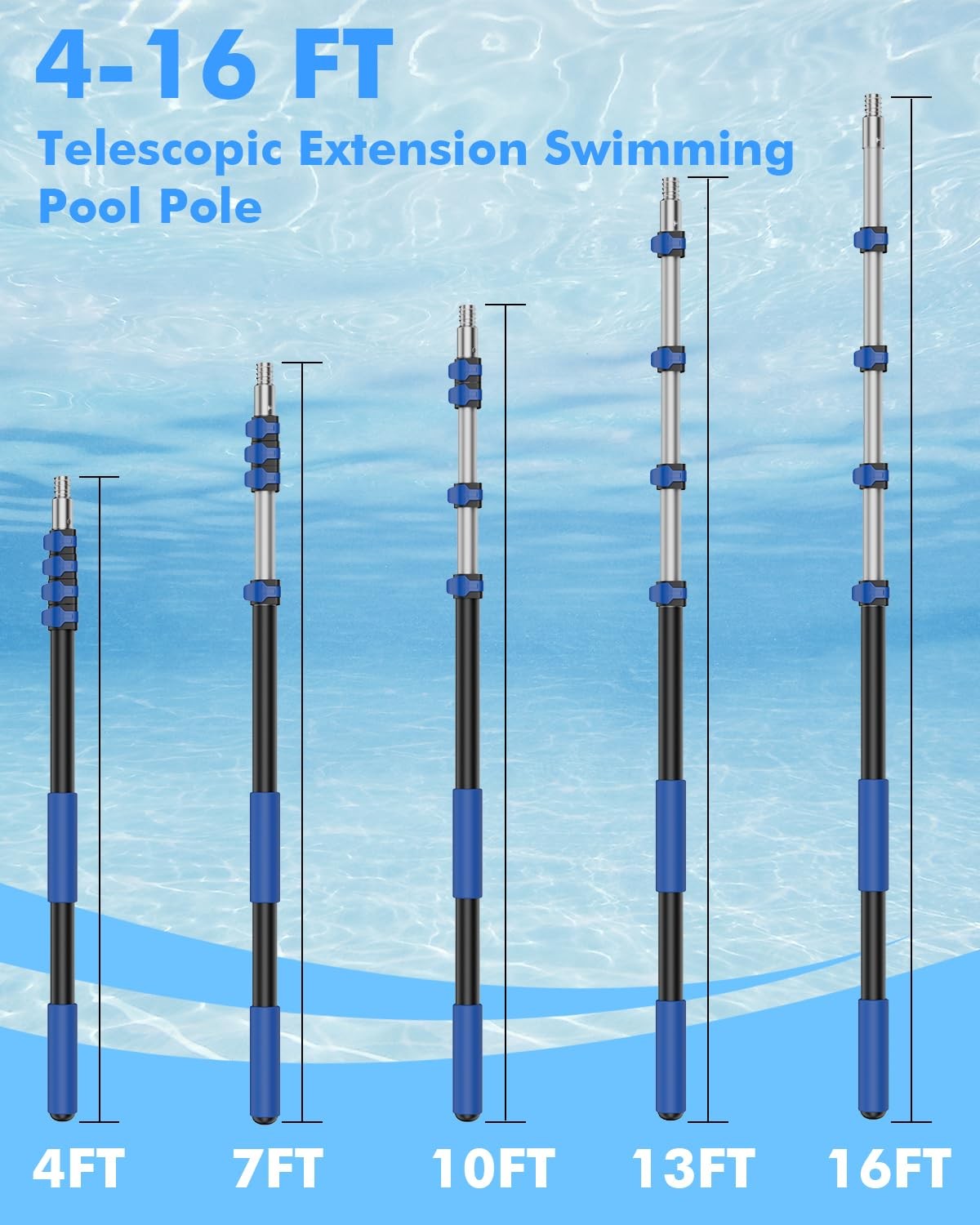 Pool Pole Telescopic 16FT Heavy Duty Upgraded Aluminum, 16 Ft Extension/Exten…