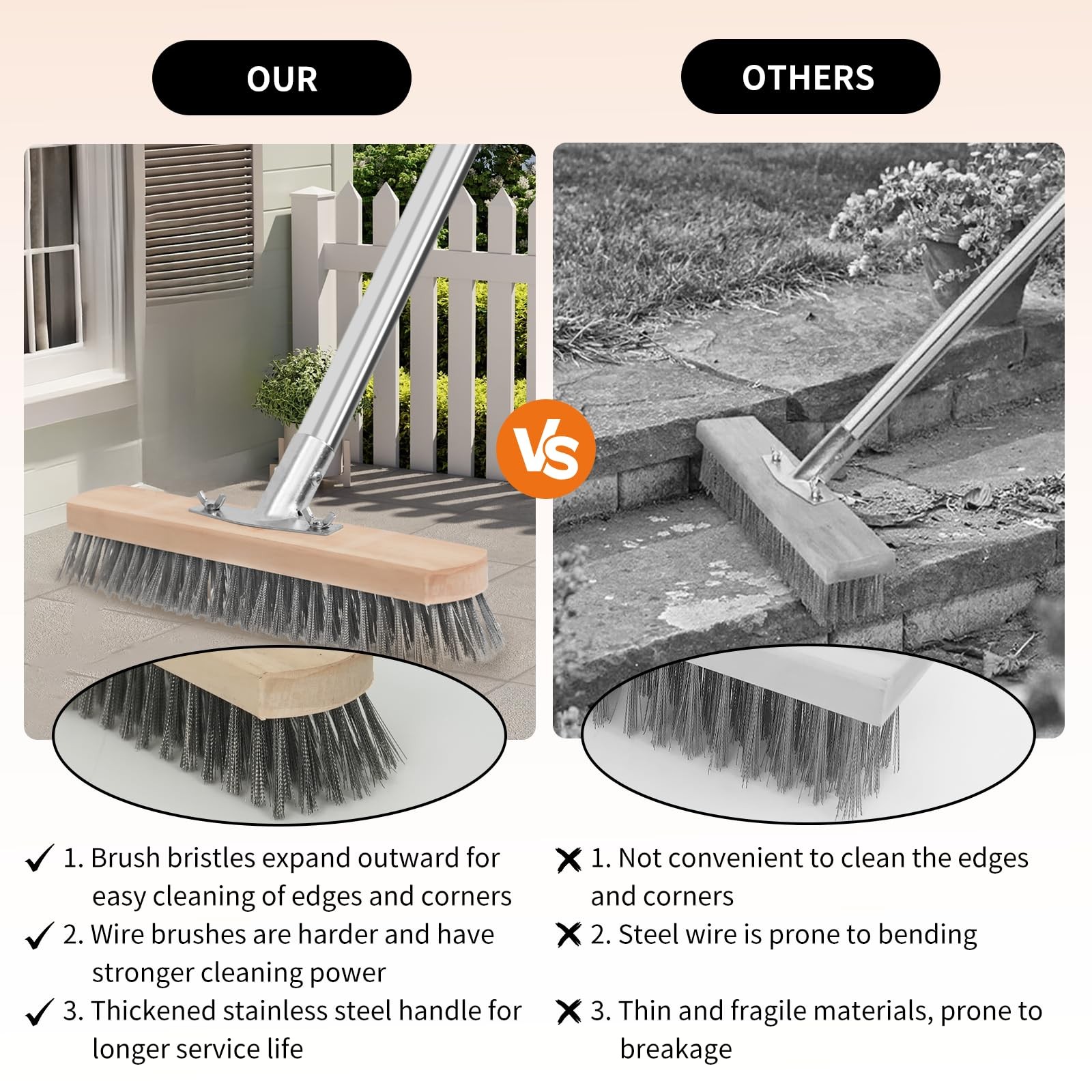 Heavy Duty Stainless Steel Scrub Brush with Long Handle for Concrete & Decks