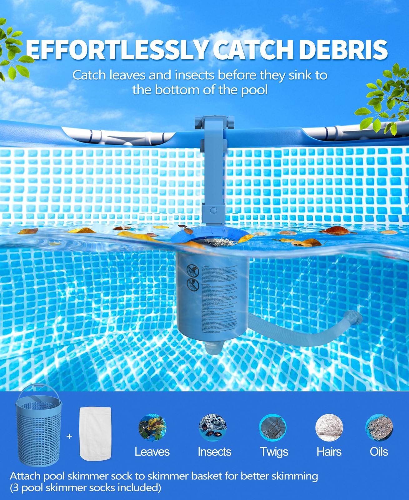 Upgrade Above Ground Pool Skimmer Comes with 3 Socks, Anti-tilt Wall Mount Su…