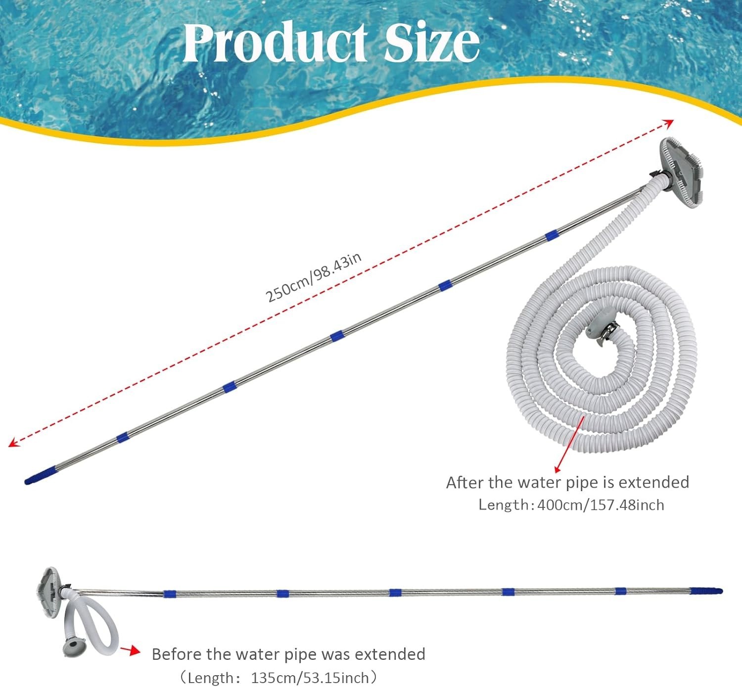 Extendable Pool Vacuum Cleaner for Above & In-Ground Pools Grey