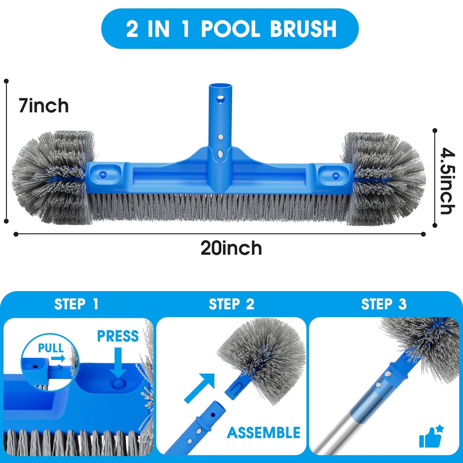 20 Inch Pool Brush Set 2in1 Detachable Aluminum 9FT Pole Corner Cleaner